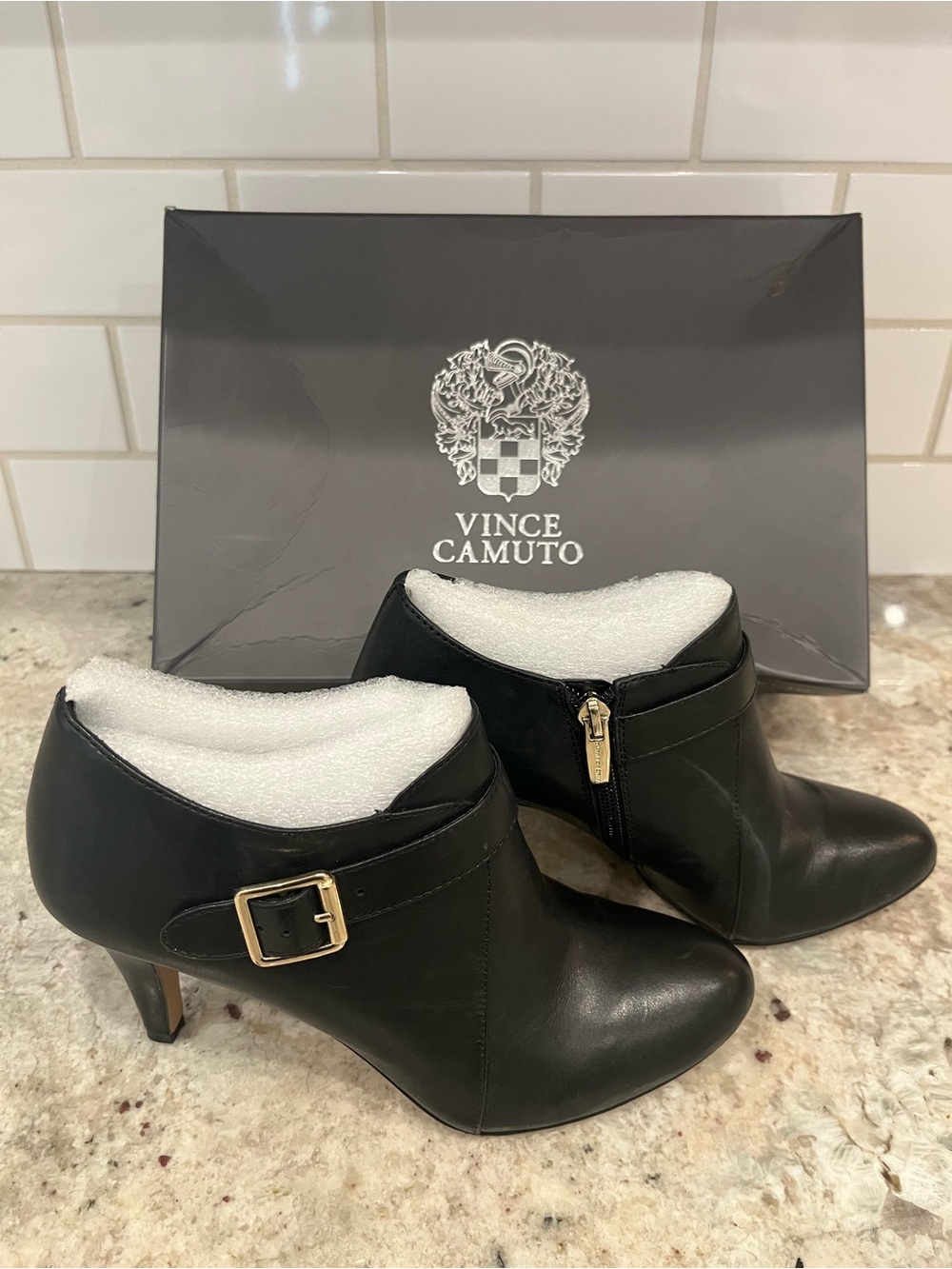 Vince Camuto Black Leather Ankle Booties with Gold Buckle & Side Zip